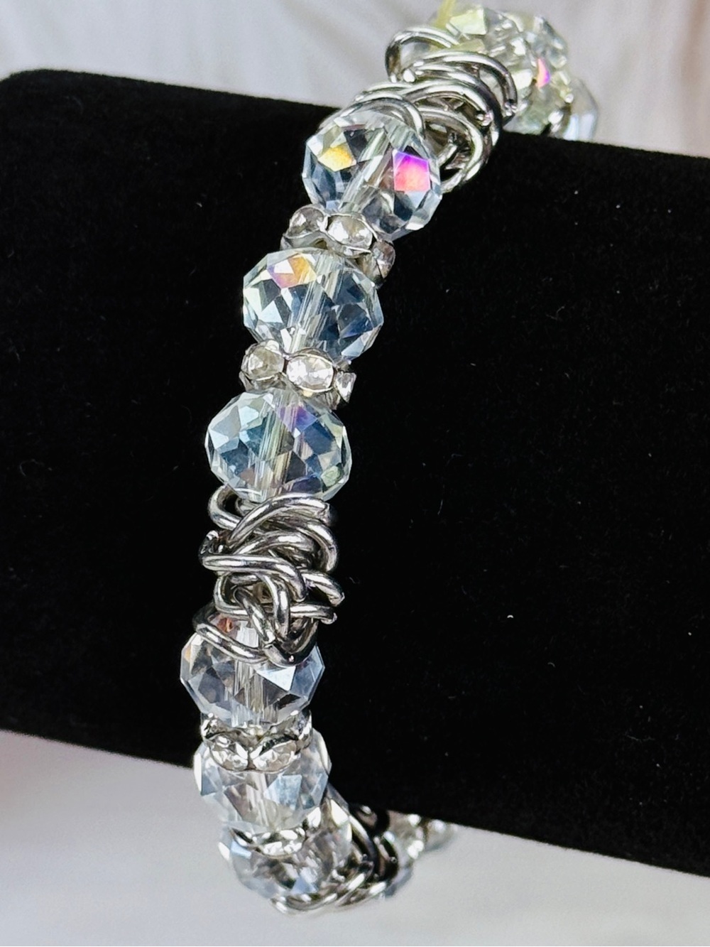 Super pretty Silvertone and clear, reflective costume stretch, dressy bracelet